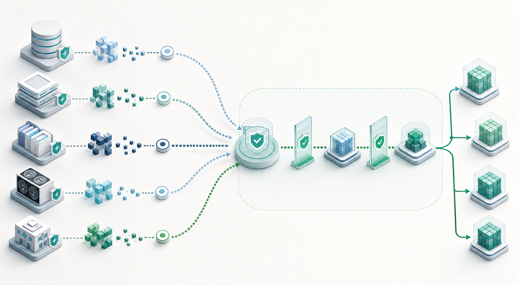 Abstract healthcare data sources converging through governance checkpoints into federated outputs